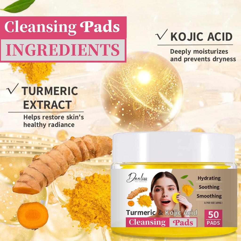 50 Pads Turmeric & Kojic Acid Cleansing Pads-Cleaning Facial Skin-Deeply Smoothing and Hydrating Skin