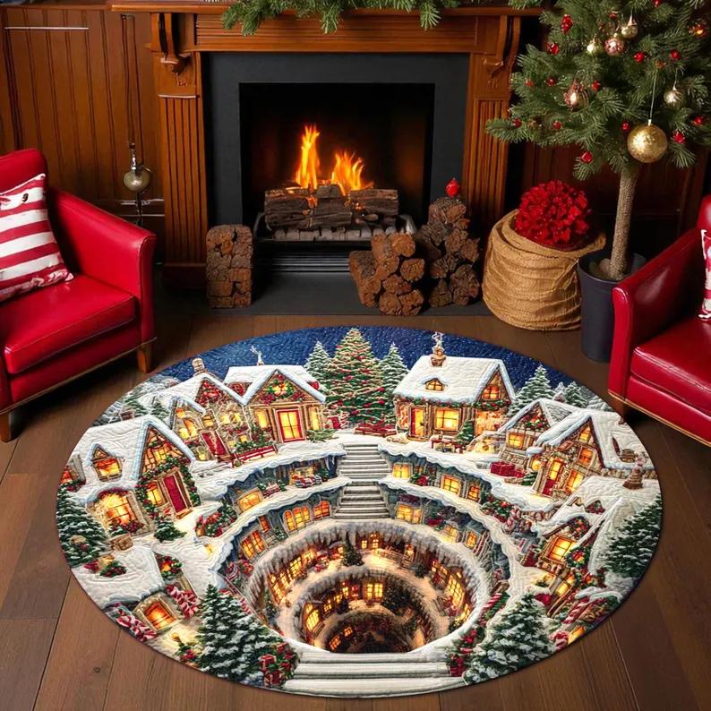 Christmas 3D Illusion Round Carpet Mat Rug Santa Snow Scene Festive Home Decoration Xmas Party Decor Floor Mat for Living Room