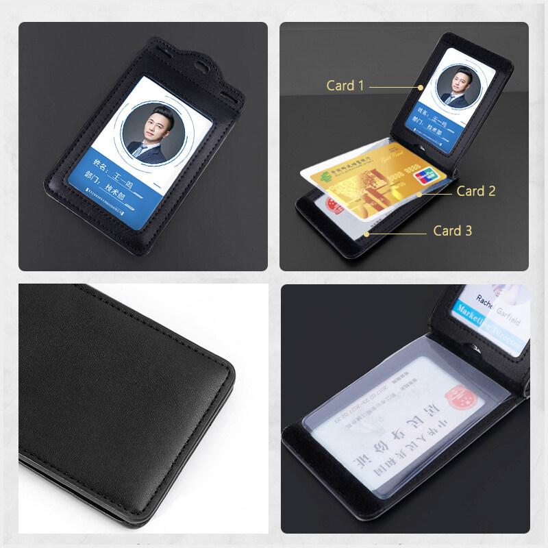 Badge Holder Trifold with Lanyard Leather Card Holders and Clear ID Window for Office Staffs Student Teacher Couriers Formal Classic Black
