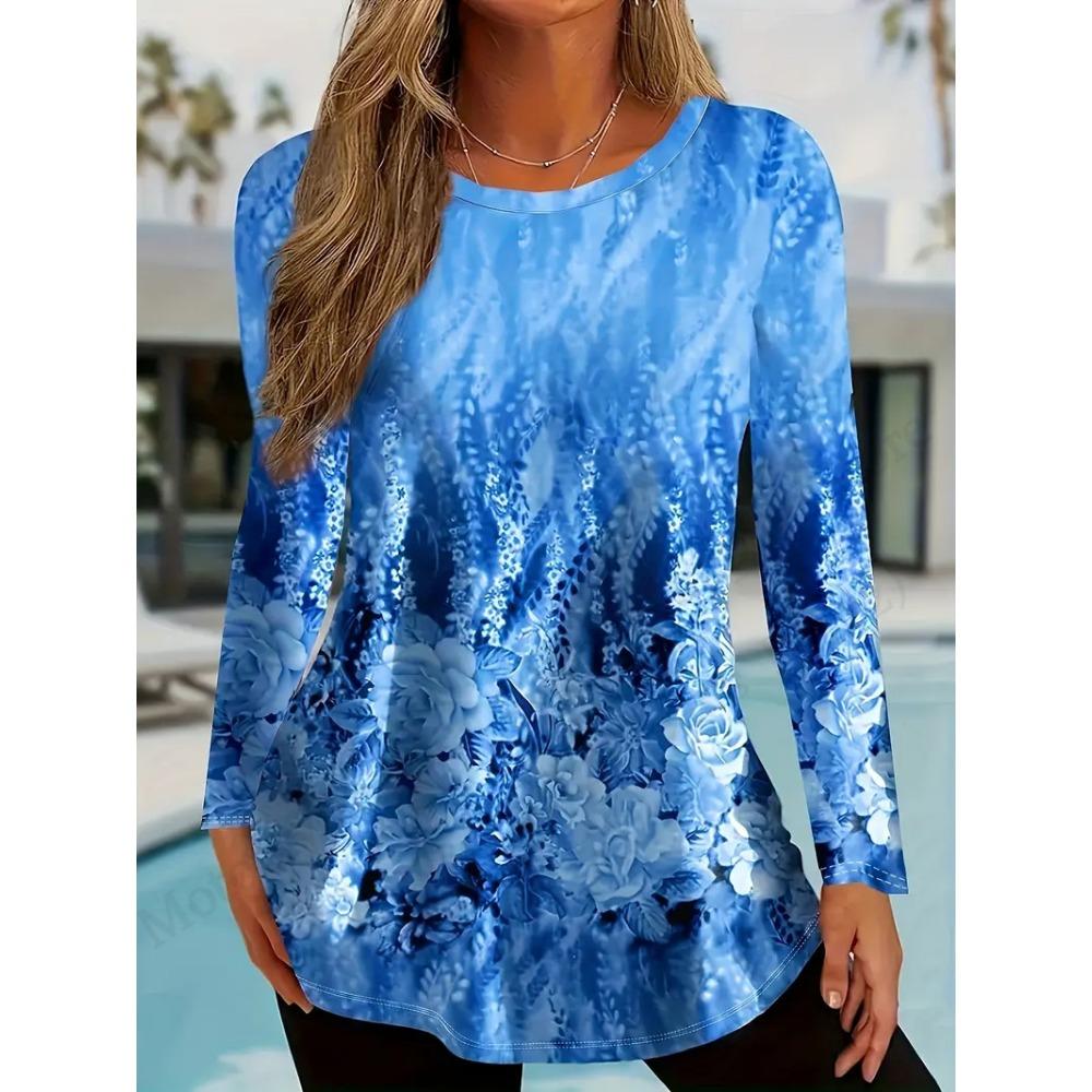 Women's Vintage Floral 3D Print Long Sleeve Tunic Top T-Shirts Women's Fashion Oversized T Shirt Female Tees Tops Fall Clothing