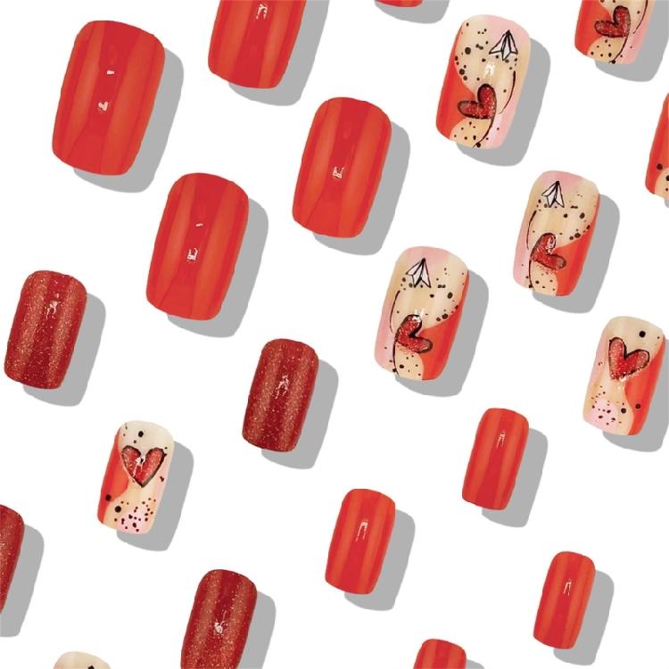 24pcs Valentine's Day Press On Nail Medium Square Shape Acrylic False Nail With Heart Designs Stick on Nail For Women