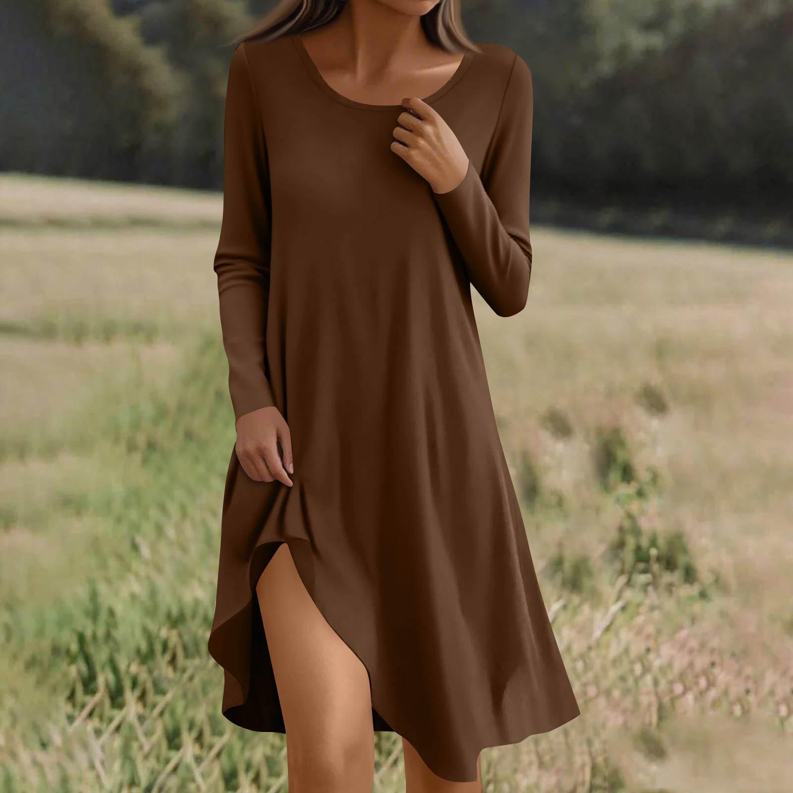 

Long Sleeve Dress For Women Casual Loose Fit Dress With Pockets XL кофейный