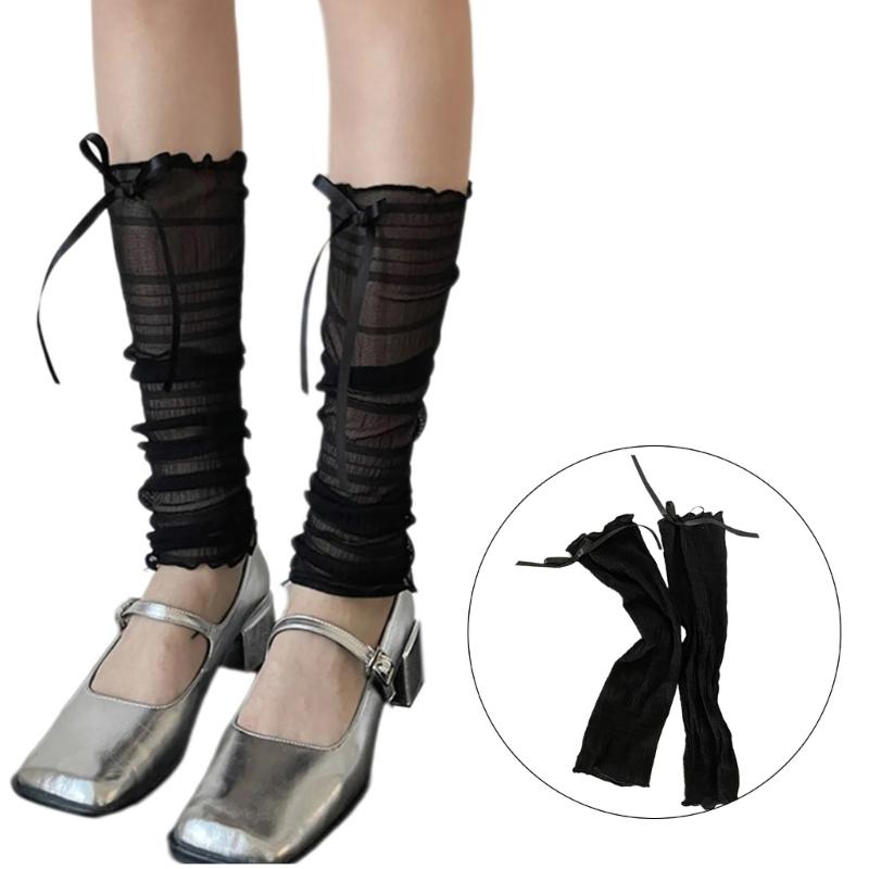 Womens Girls See Through Ruched Mesh Loose Leg Warmer Cute Ribbon Bowknot Lightweight Leg Cover Footless Lace Socks