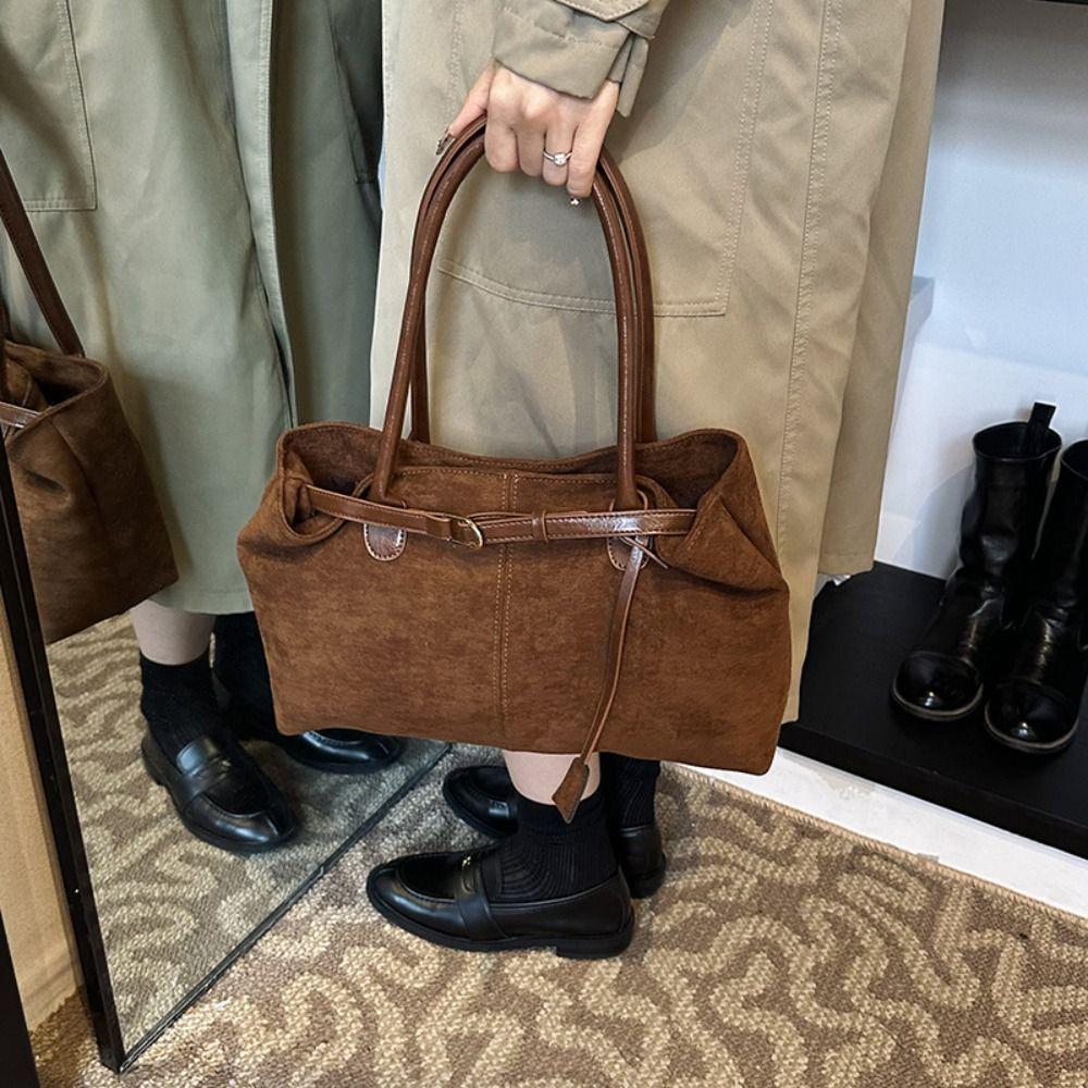 Fashi Korean Style Suede Shoulder Bag Tote Bag PU Leather Large Capacity Handbag Ethnic Style Solid Color Underarm Packs Women