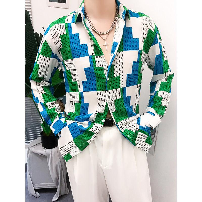 

Молодежная трендовая рубашка в геометрическую клетку для мужской весны и осени с квадратным вырезом, длинными рукавами, тонкий кардиган на пуговицах, модные повседневные топы 4XL зелёный