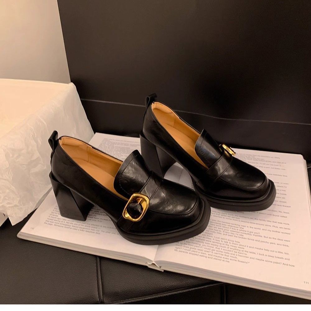 French light mouth thick heel one pedal single shoes women's spring and autumn retro British style square head high heel small leather shoes