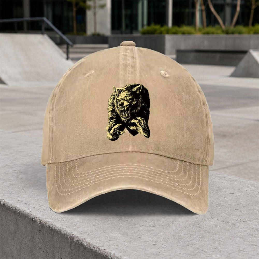1pc Vintage Werewolf Pattern Washed Baseball Cap Classic Casual Fashion Retro Unisex Allseason Duckbill Hat Adjustable Size Su