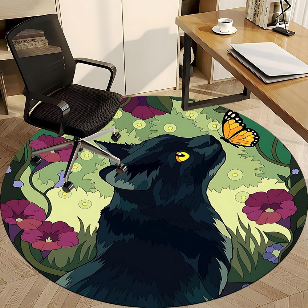 1pc Black Cat Pattern Carpet, Round Non Slip Durable Large Size Office Carpet, Suitable for Office