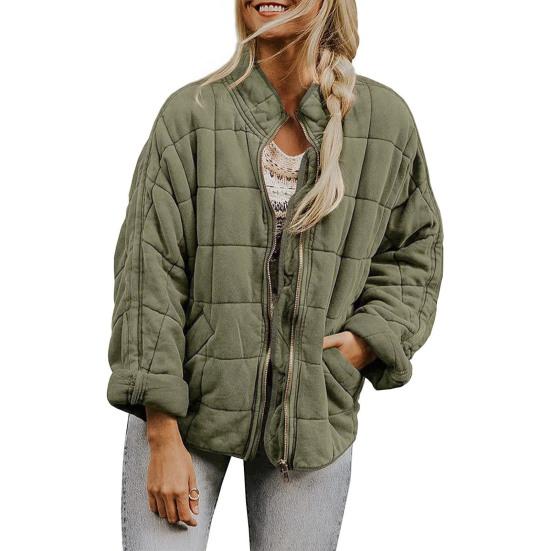 Women's Quilted Puffer Jacket Lightweight Zip Up Padded Down Coat Winter Warm Long Sleeve Outerwear with Pockets