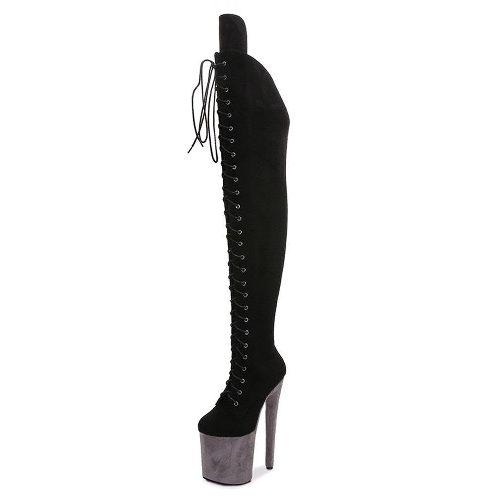 Fashion FHC 20CM Heel Sexy Pole Dancing Shoes,Unisex Flock Thigh High Boots,Round Toe,Women Platform Over The Knee Botas,Grey,Khaki,