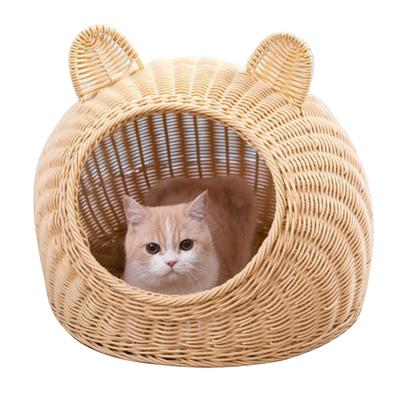 Cat Bed Cute Cat Ear Imitated Rattan Hand Woven Breathable All Seasons Washable Semi Closed Cat House for Indoor