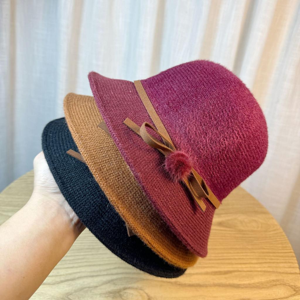 Hat Women's Autumn and Winter Bow Bucket Hat Dome Basin Hat British Retro Top Hat