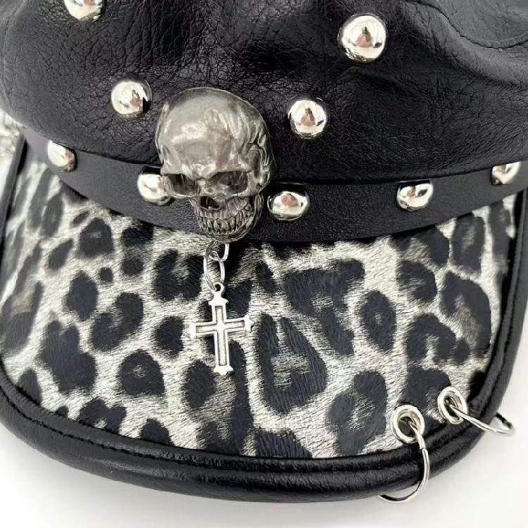 2000s Women Beret Hat Punk Rivet Decors Flat Top Cap Breathable PU Leather Octagonal Hat for Casual and Cosplay Wear