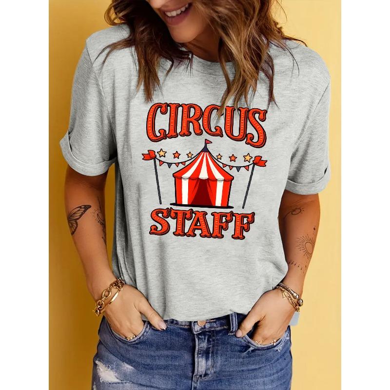 

Women s Short Sleeve Crew Neck T-Shirt - Circus-Themed Letter Print Blouse-Compatible Top | Spring Summer Casual Wear 4XL світло-сірого кольору