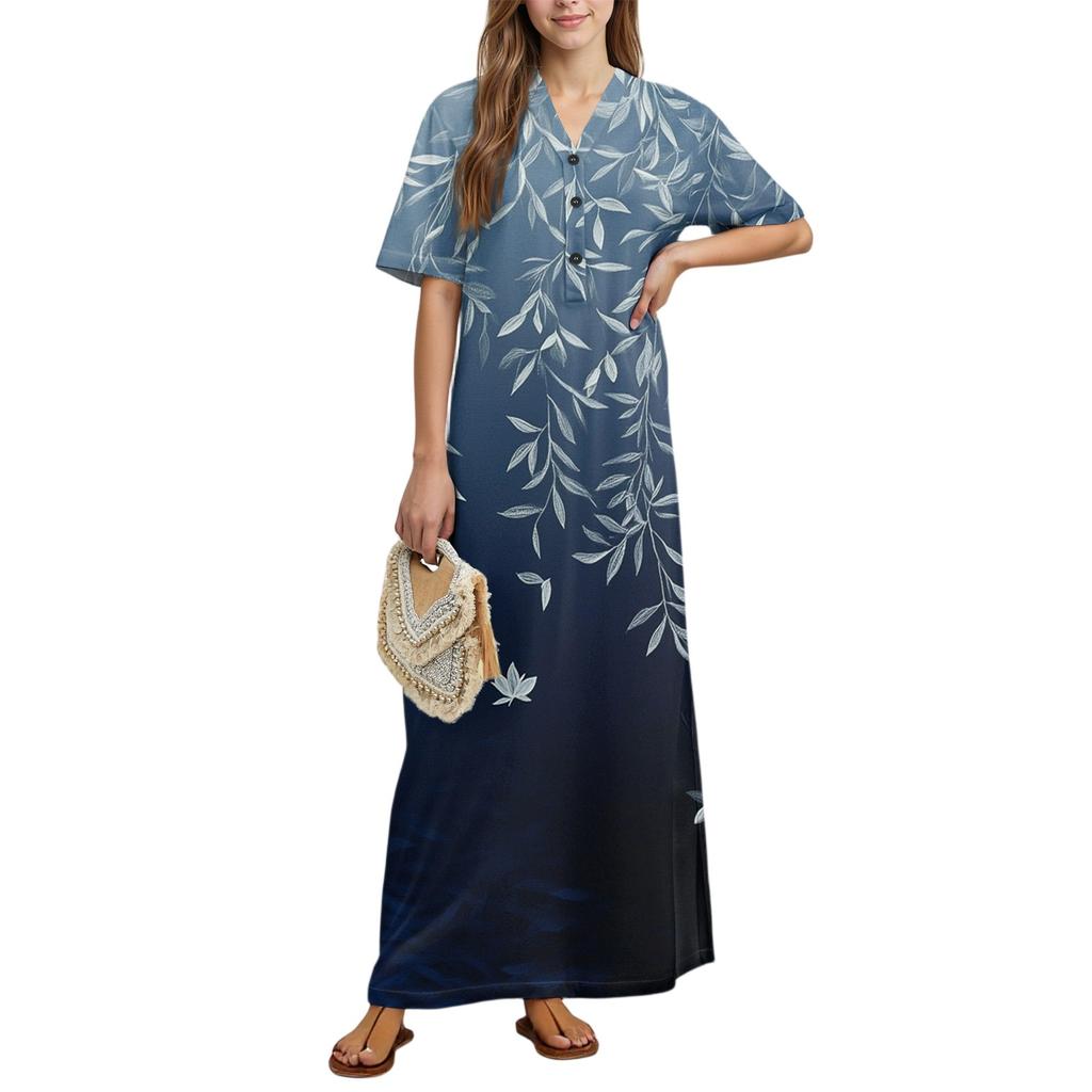 Women's Fashion Printed Nightgown Home Clothes Short Sleeve Nightgown With Pockets Long Dress