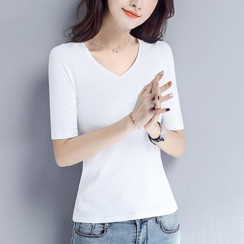 Women's Slimming Fitted T-Shirt: Round, V-Neck, or Mock Neck; Short or Three-Quarter Sleeves; Semi-High Neck Basic Top.