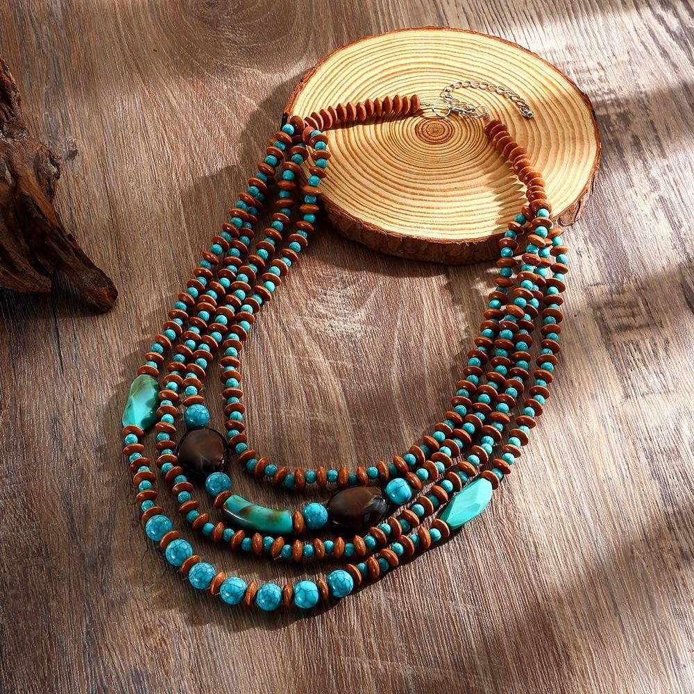 

African Jewelry Bohemian Retro Ethnic Multi-layer Wooden Beads Imitation Turquoise Beaded Necklace Women s Party Accessories синий