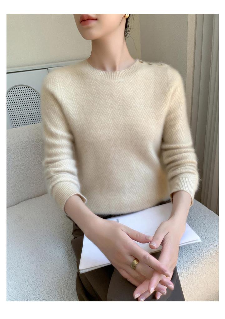 Elegant Style Cashmere Women's Round Neck Pullover Sweater with Diagonal Buttons - Warm, Skin-Friendly, Long Sleeve Autumn/Winter Top
