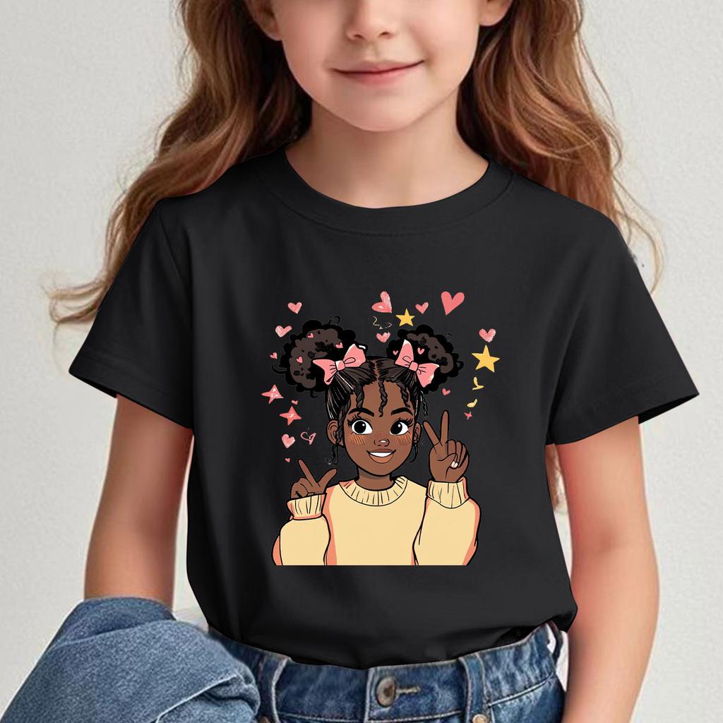 Girls New Cartoon Printed Shortsleeved Tshirt Summer Shortsleeved Tshirt Childrens Round Neck Top  polyester fabric