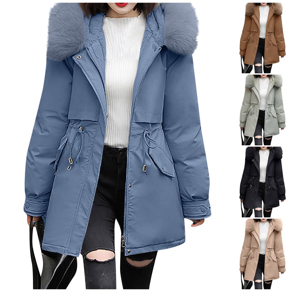 Dámská módní ležérní jednobarevná mikina s kapucí s plyšem střední délky s dlouhým rukávem bavlněná bunda