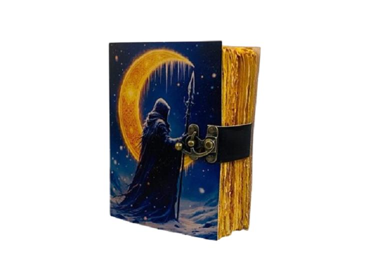 Golden Crescent Moon Mage Leather Journal – Handmade Fantasy Notebook (5x7, 200 Pages)