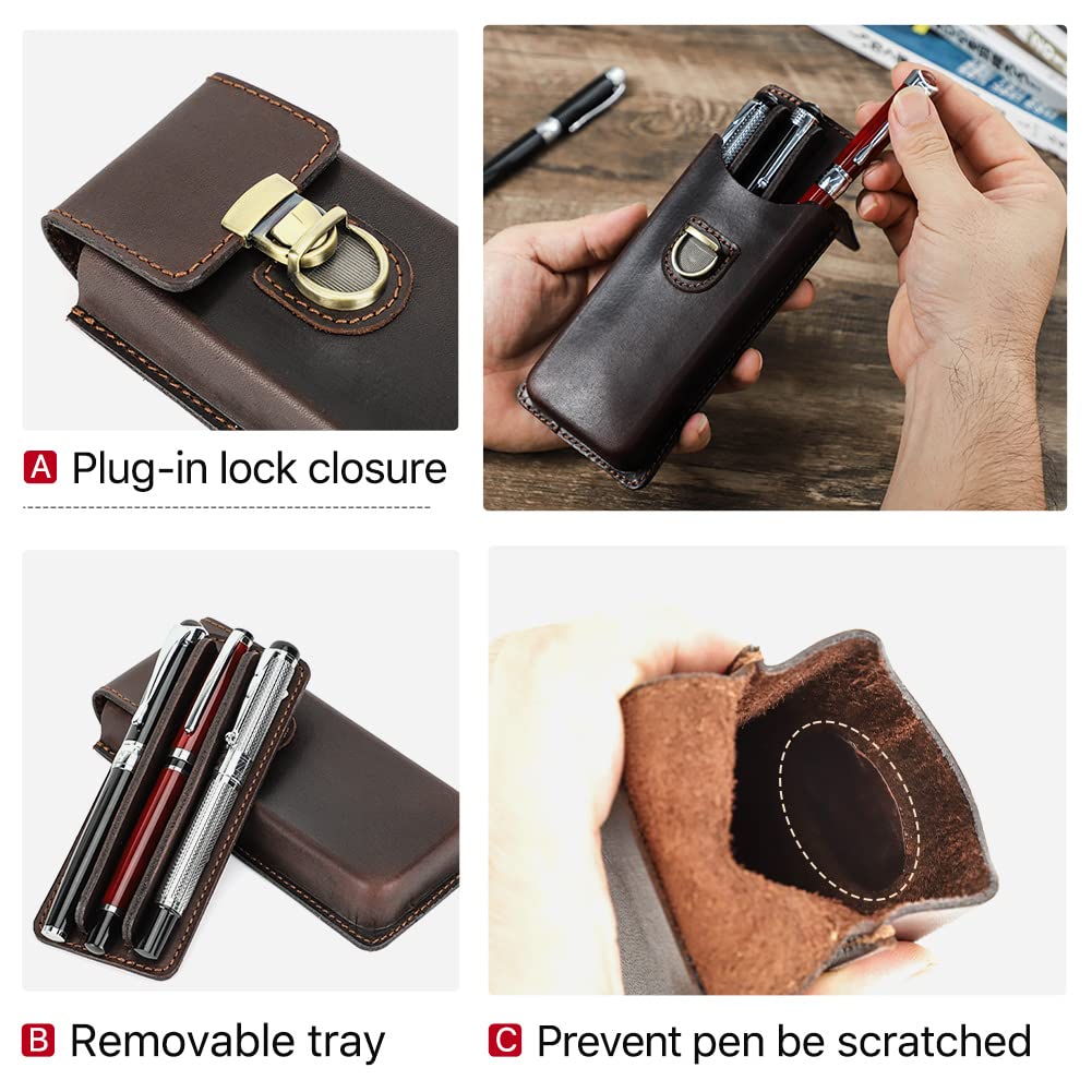 HIRAM Separate Design Pen Case for Fountain Simple Slim Holds 3 Genuine Leather Pens, Design, Pens, (Coffee)
