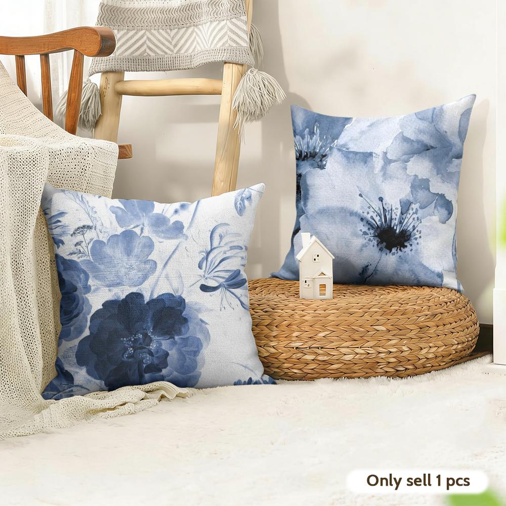 Painted Blue Creative Cushion Cover Summer Linen Pillow Case Organic Fabric Cushion Cover DoubleSided Sofa Home Decor