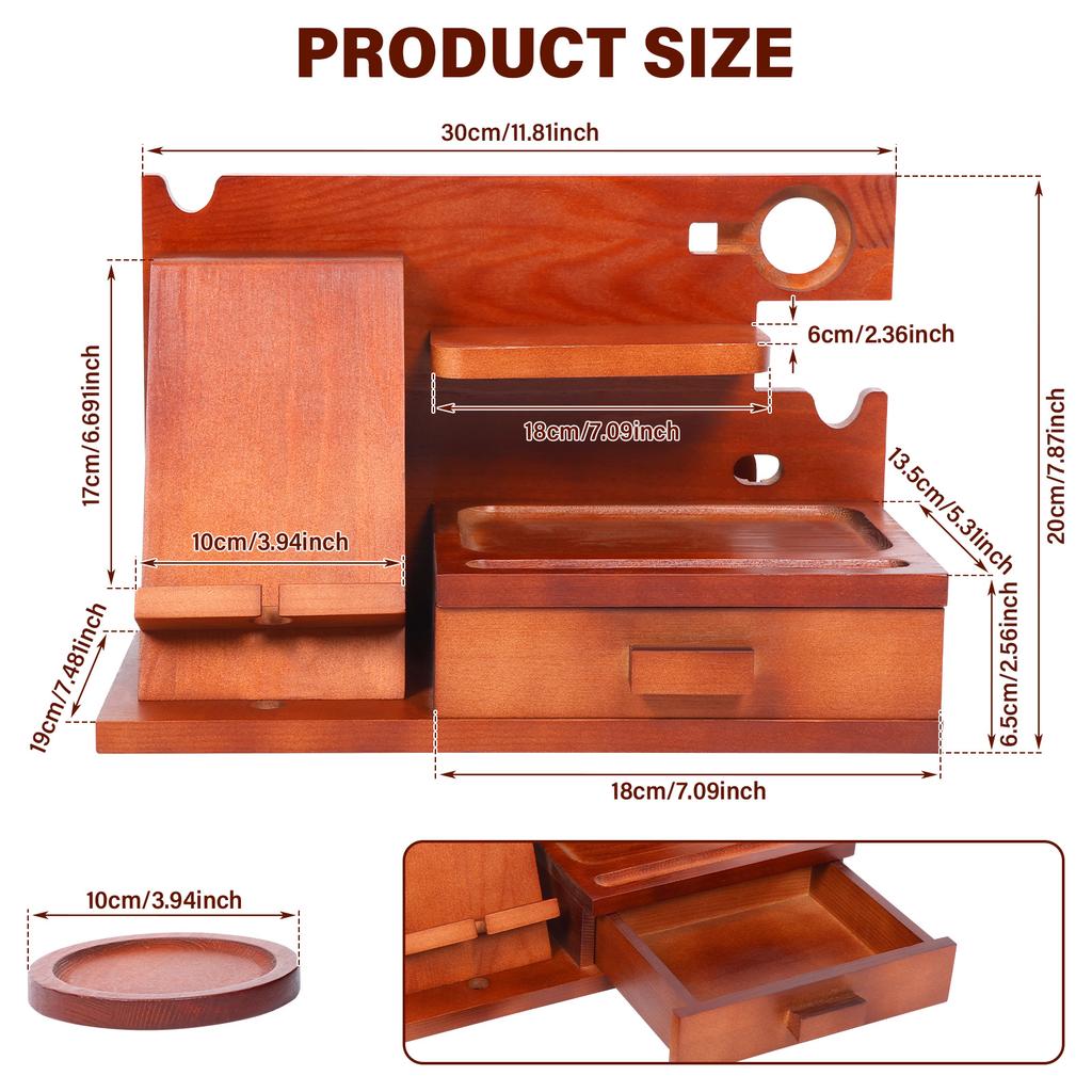 Wood Phone Docking Station with Drawer Bedside Key Wallet Watch Jewelry Stand Storage Rack Desk Organizer Multifunctional