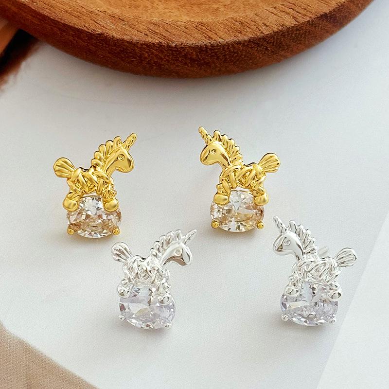 S925 Sterling Silver Unicorn Zircon Stud Earrings - Light Luxury, Personalized Design for Women