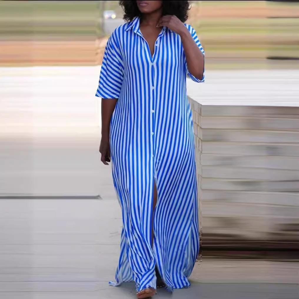 Women's Summer V-Neck Striped Shirt Dress - Loose Fit, Hot Style