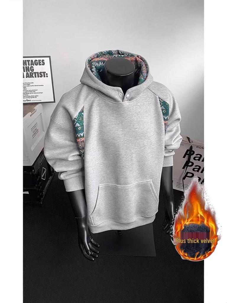 Men's Autumn Patchwork Hoodie: Chinese Ethnic Style, High Collar, Long Sleeve