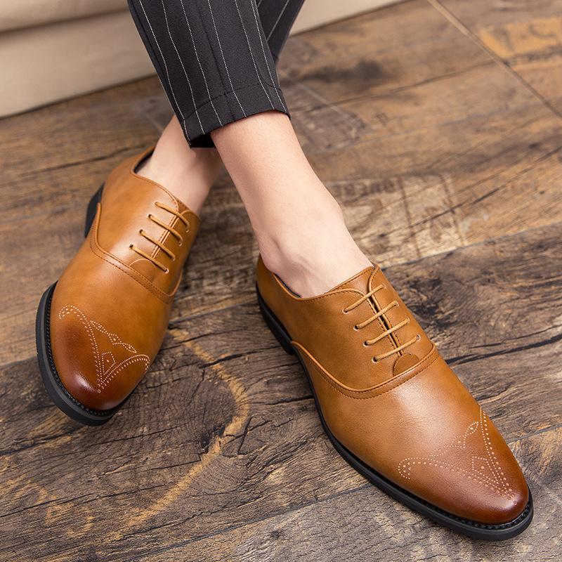 

Pointed leather shoes men s British retro business casual men s shoes Korean version trendy formal wear office work height-increasing wedding shoes 46 жёлтый