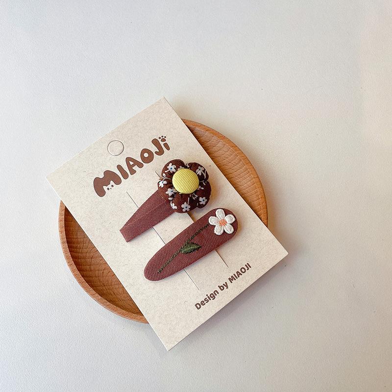 2pcs Coffee Plaid Embroidered Bow Hairpin Version of Children's Bangs Broken Hair BB Baby Headwear Girls Kids Hair Accessories