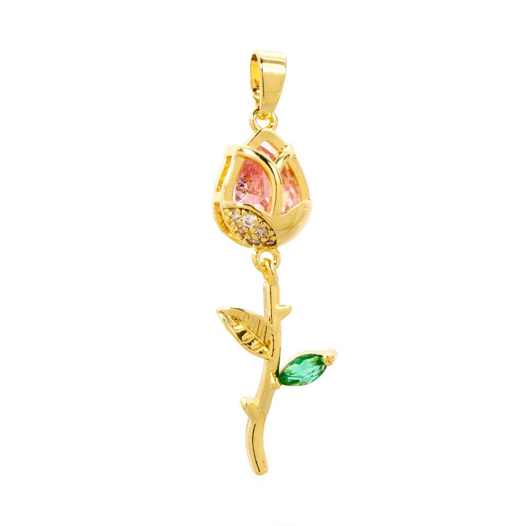 2 PCs Rose Brass 8K Gold Plated Tulip Flower Micro Pave Clear Cubic Zirconia Pendants Exquisite Jewelry Findings 3.8cm x 1.2cm
