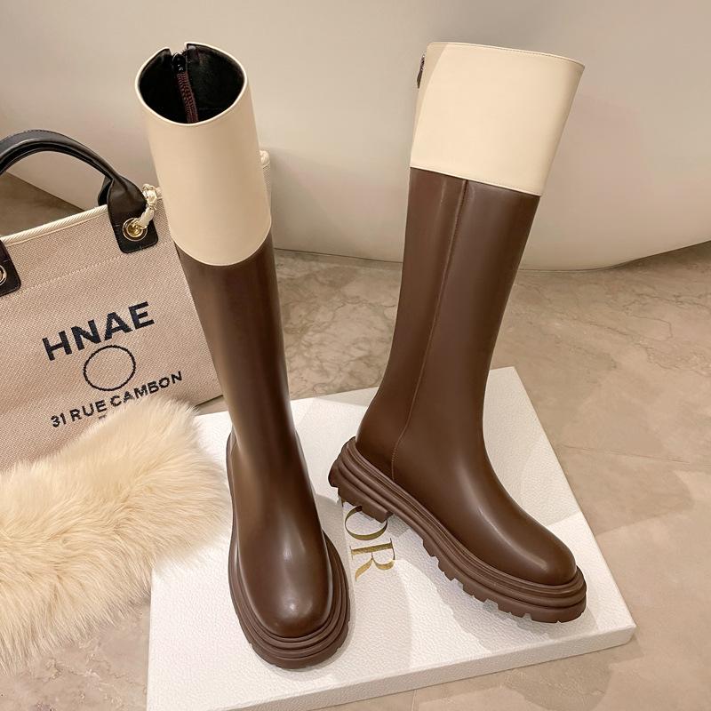 Women's Shoe Splicing Boots, New Xiaoxiangfeng High Boots In Autumn and Winter 2025, Color Matching Thick-soled Rear Zipper Knight Boots