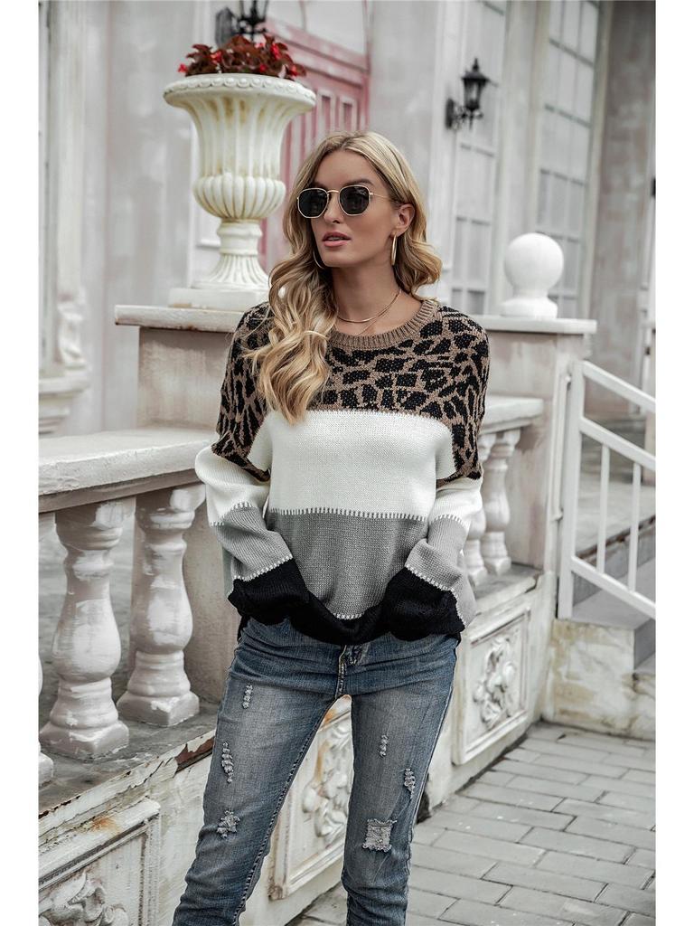 Maglione a blocchi di colore largo con scollo rotondo taglie forti da donna, collezione Primavera 2025, europeo e americano