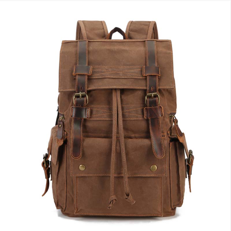 Vintage Distressed Leather Waxed Canvas Backpack Large Capacity Multiple -pockets New Waterproof Drawstring Outdoor Travel Double-Shoulder Bag