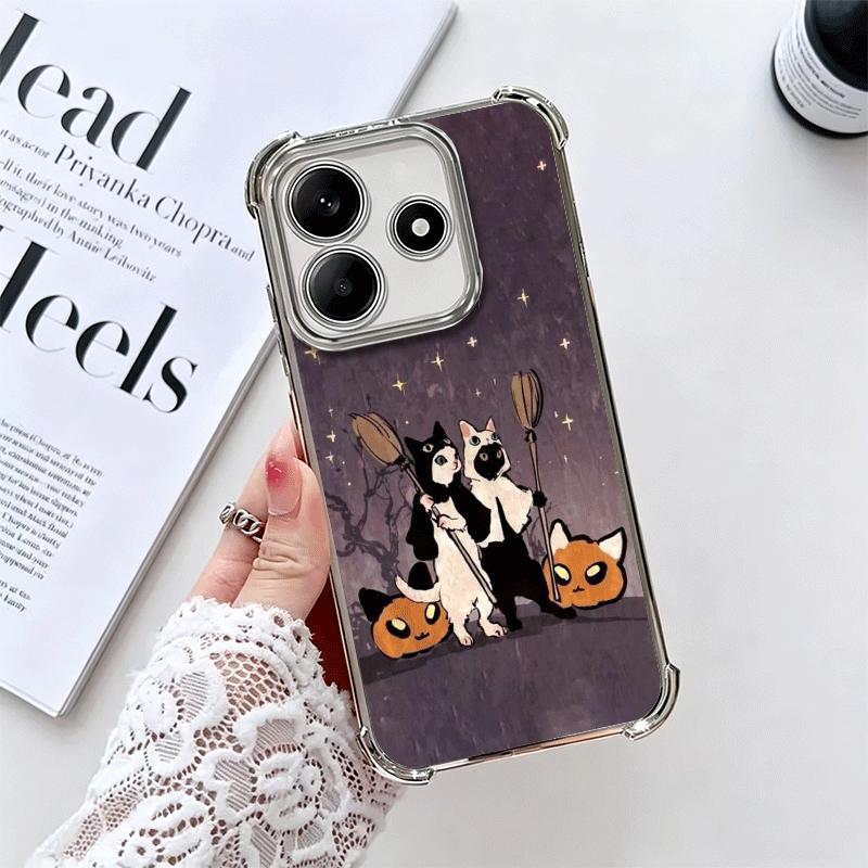 Black Cat Witch Aesthetics Plating Phone Case For Xiaomi Redmi Note 14 15 Pro Plus 13 12 11 11S 11T 10 9S 9 5G Anti-Fall Airabag