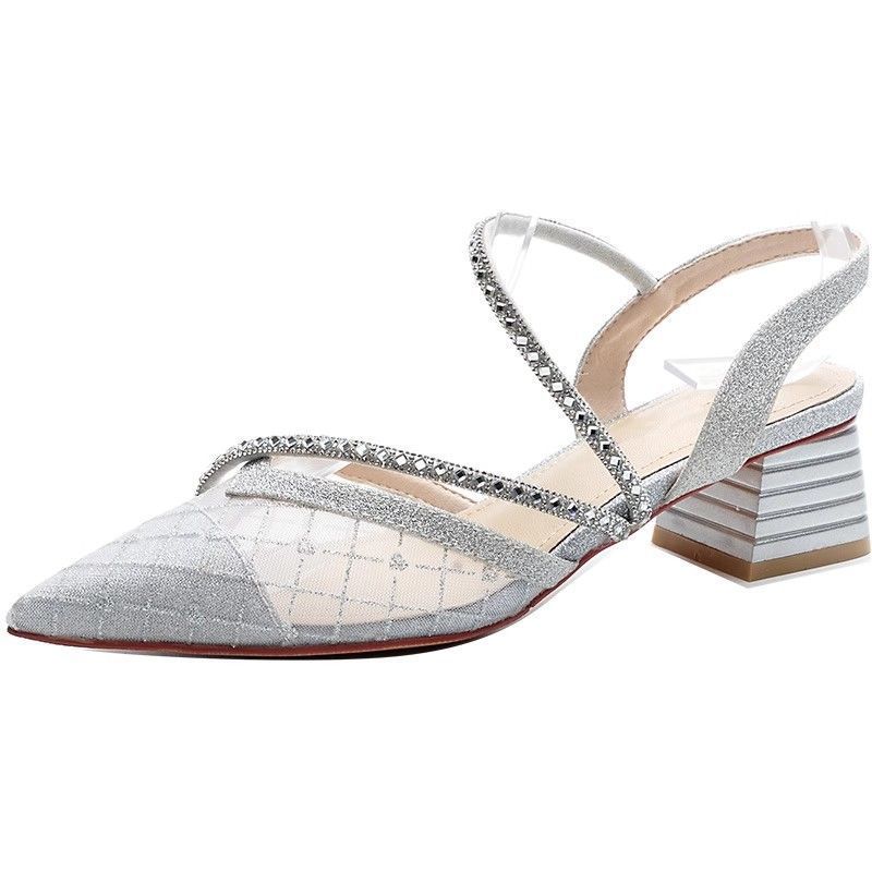 Baotou one-word sandals women's thick heel 2025 new summer mesh rhinestone high heels low heel French pointed shoes