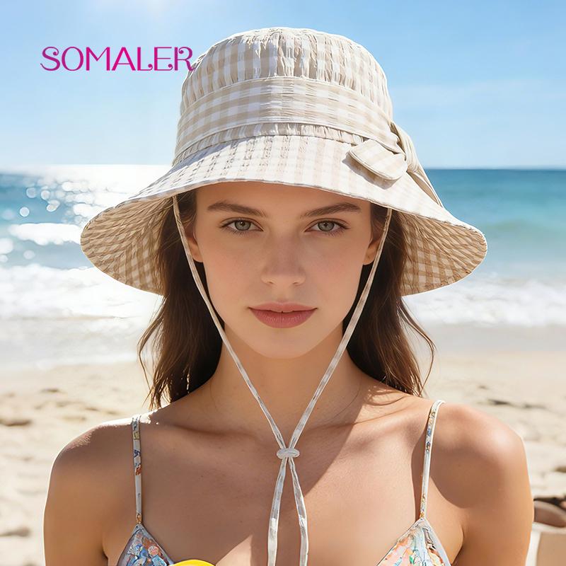 SOMALER Women's Summer Plaid Sun Hat Cotton Beach UV Protection Bucket Hat