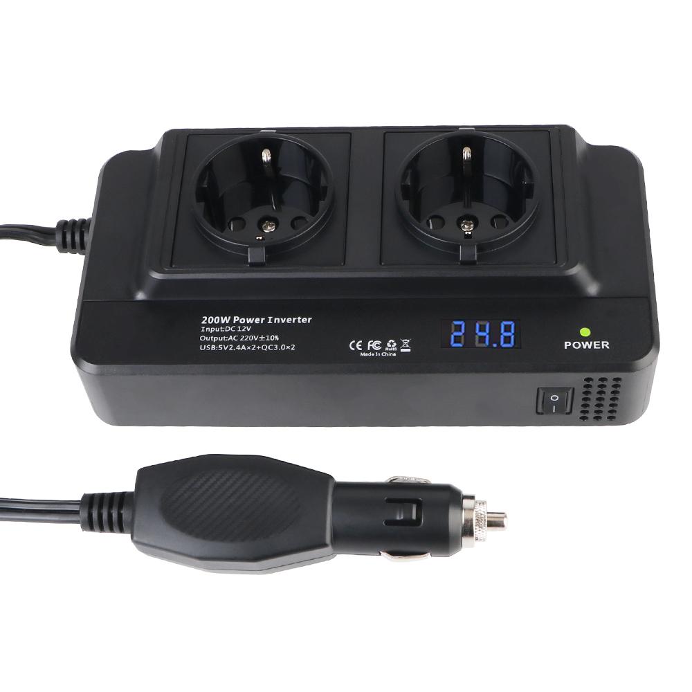 Truck Inverter DC 12V To AC 220V 2+4 EU Power Socket USB Chargers With Switch Voltmeter Cigar Lighter Adapter Car Inverter 200W