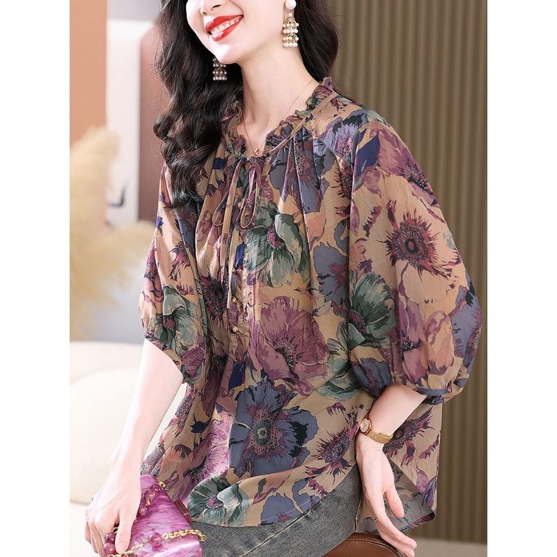 Elegant Vintage Loose Floral Chiffon Blouse for Women, Perfect Summer Top for Moms