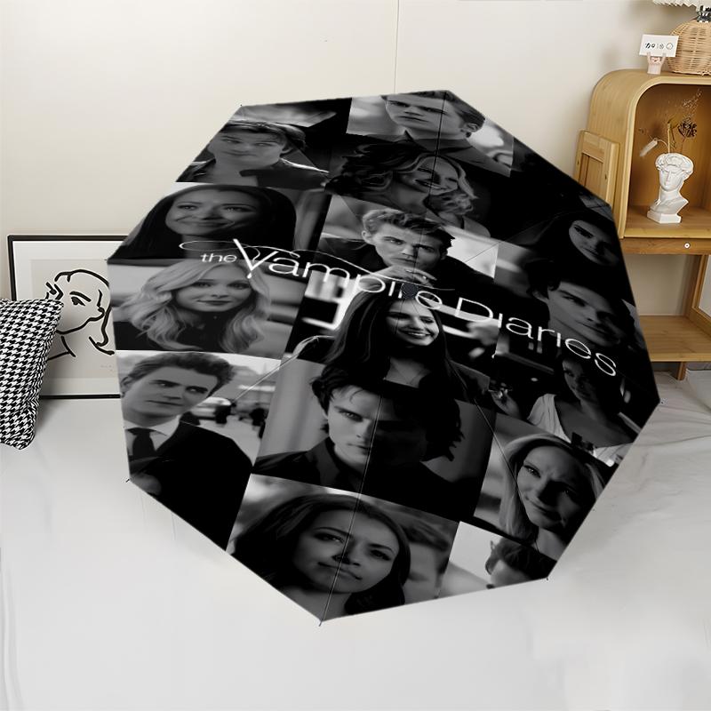 Parapluie Automatique Imprimé The Vampire Diaries, Structure en Fer à 8 Baleines, Poignée en Plastique, Convient pour les Voyages en Plein Air et le Quotidien, Cadeau Idéal