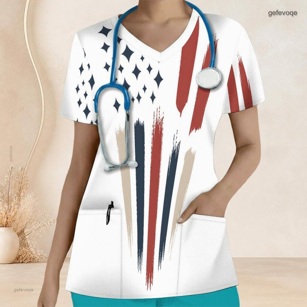 Women Plus Size V Neck Short Sleeve Printed Nurse Scrub Top With Front Pockets