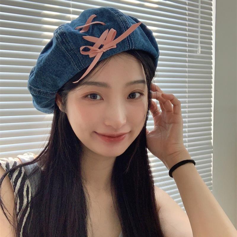 Sweet And Rich~ Denim Bow Beret Women'S Spring And Summer Thin Breathable Retro Versatile Octagonal Hat Tide