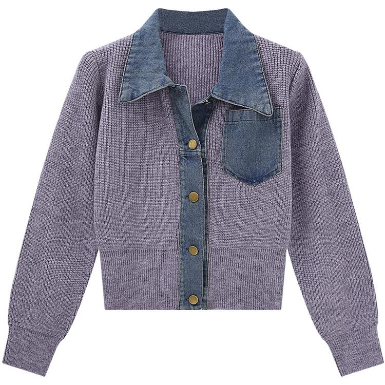 Korean Style Design Loose Sweater Women's Autumn Denim Patchwork Knitted Top Jacket
