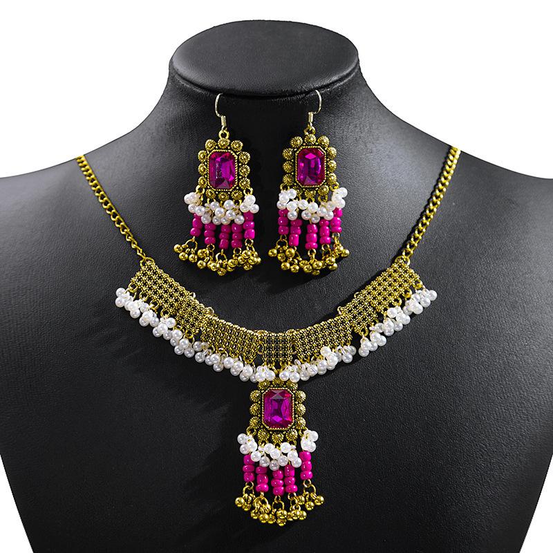 Bohemian Crystal Jewelry Set Fashion Vintage Ethnic Gemstone Tassel Necklace Earrings Set