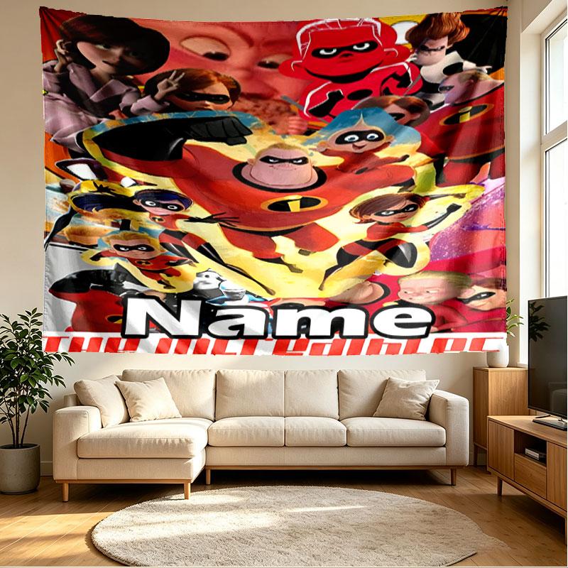 Custom Name Personalized Incredibles Print Tapestry, Wall Art Decor, Bedroom, Dorm, Apartment, LivingRoom, Party Backdrop, Gift for Birthday