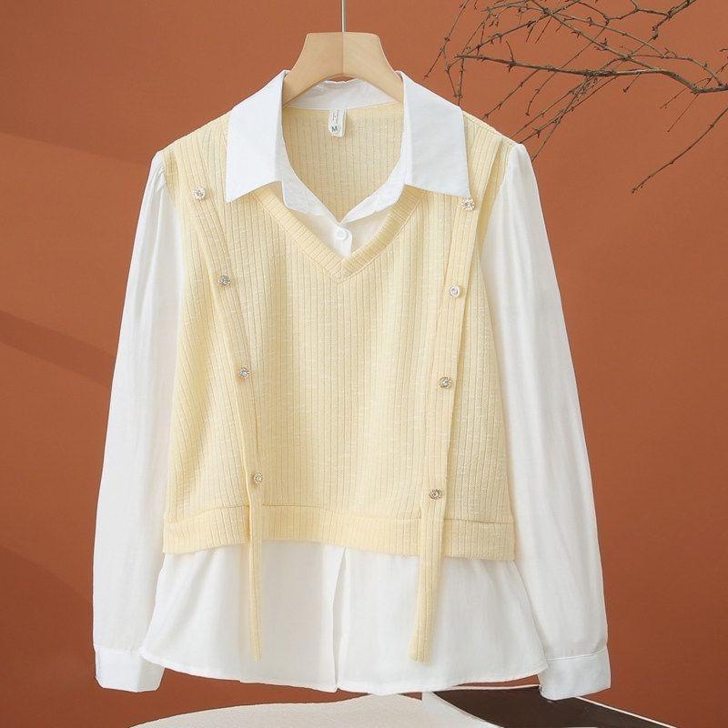

Women s Fake Two-piece Shirt Splicing Contrasting Turndown Collar Button Decoration Lady Shirts Spring New Trend Famale Top XXL жовтий