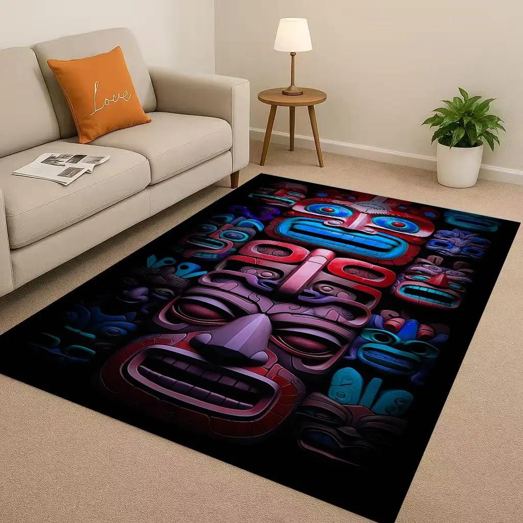 Retro Aztec Totem Maya Mask Sun God Living Room Non-Slip Area Rug Soft Carpet For Bedroom Sofa , Easy Clean Home Doormat Playmat